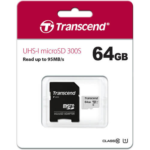 Transcend 64GB Micro SD UHS-I U1 Memory Card with Adapter (TS64GUSD300S-A)